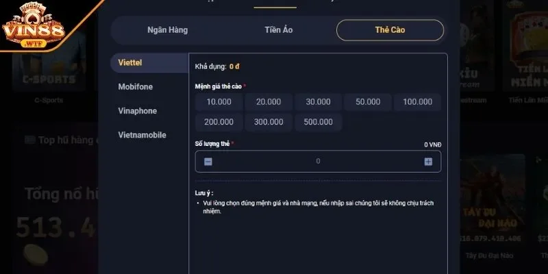 Rút tiền VIN88 nhanh qua thẻ điện thoại